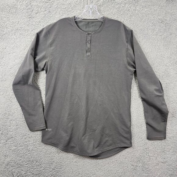 BYLT Men's Drop Cut Henley LS Long Sleeve Gray Shirt Gym Size M - Picture 1 of 11